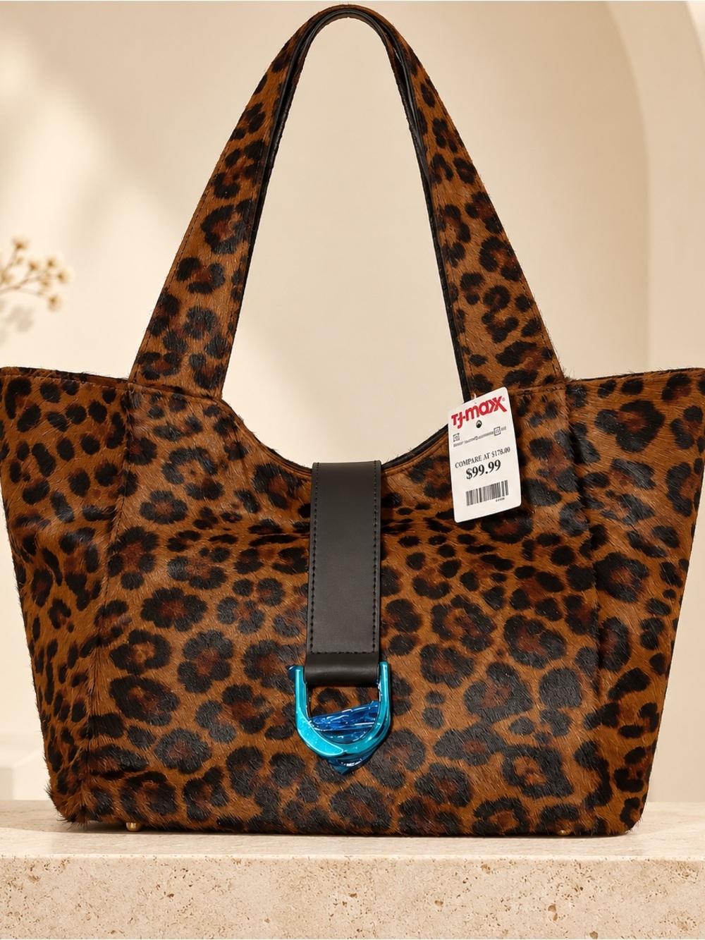 Divina Firenze Leopard-Print Tote with Black Strap and Blue Accent